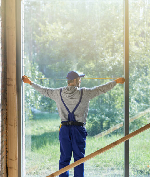 Full length shot of young workman wearing blue overalls using measuring tape while working on cottage construction site. Building house concept. Rear view